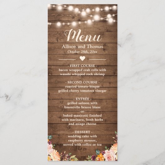 Rustic Wood String Lights Autumn Floral Wedding Menu (Voorkant)