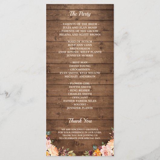 Rustic Wood String Lights Autumn Floral Wedding Programmakaart (Achterkant)
