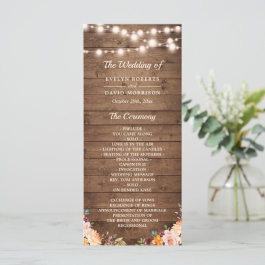 Rustic Wood String Lights Autumn Floral Wedding Programmakaart (Staand voorkant)
