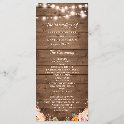 Rustic Wood String Lights Autumn Floral Wedding Programmakaart (Voorkant)