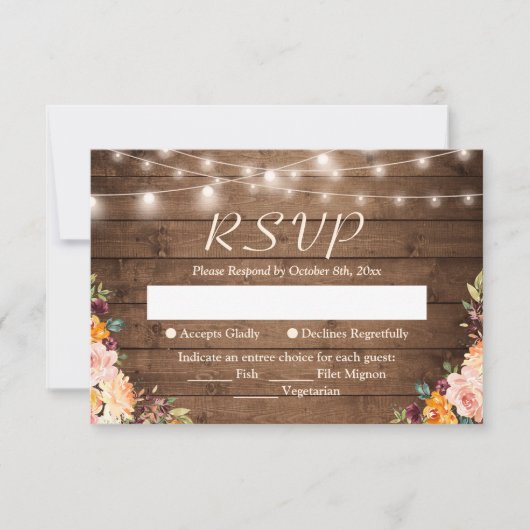 Rustic Wood String Lights Autumn Floral Wedding RSVP Kaartje (Voorkant)