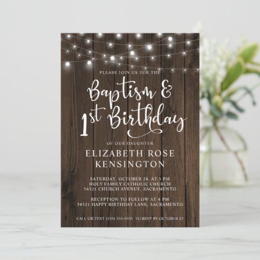 Rustic Wood String Lights Baptism 1st Birthday Kaart (Staand voorkant)