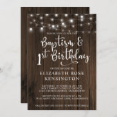 Rustic Wood String Lights Baptism 1st Birthday Kaart (Voorkant / Achterkant)