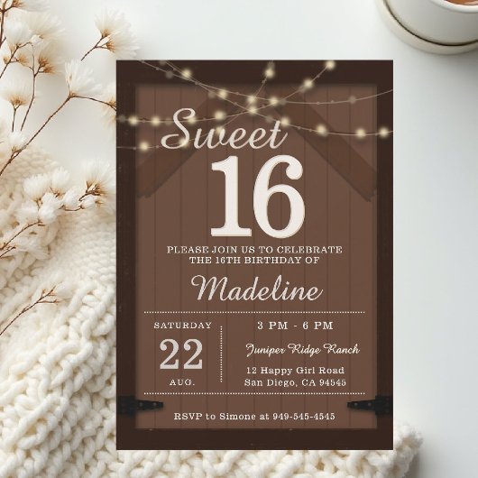 Rustic Wood String Lights Barn Door Chic Sweet 16 Kaart