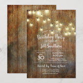 Rustic Wood & String Lights Birthday Party Kaart (Voorkant / Achterkant)