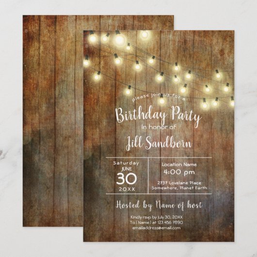Rustic Wood & String Lights Birthday Party Kaart (Voorkant / Achterkant)