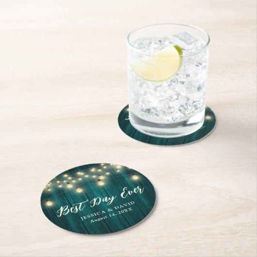 Rustic Wood String Lights Blauwgroen Weddenschap Ronde Kartonnen Onderzetter (Insitu)