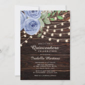 Rustic Wood String Lights Blue Floral Quinceañera Kaart (Voorkant)