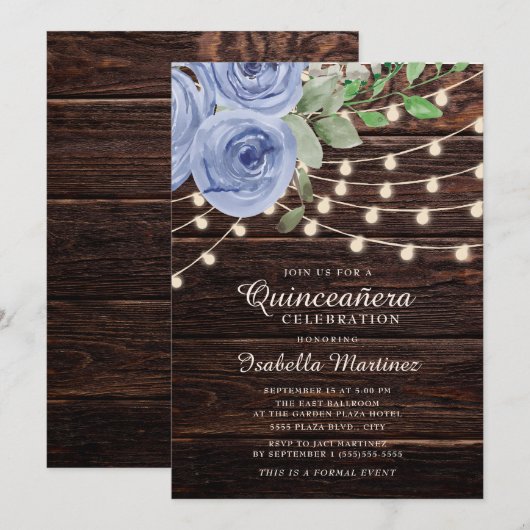 Rustic Wood String Lights Blue Floral Quinceañera Kaart (Voorkant / Achterkant)