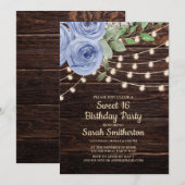 Rustic Wood String Lights Blue Floral Sweet 16 Kaart (Voorkant / Achterkant)