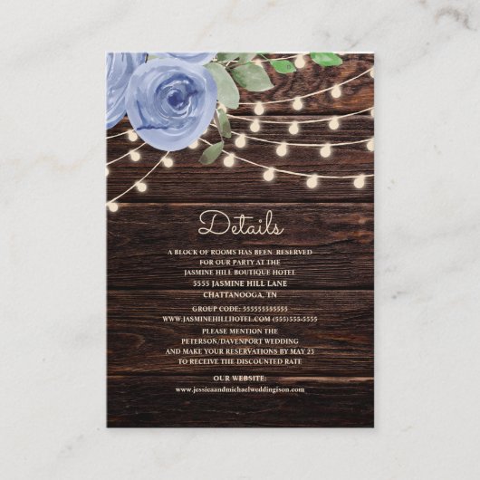 Rustic Wood String Lights Blue Floral Wedding Informatiekaartje (Voorkant)