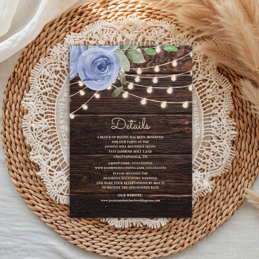 Rustic Wood String Lights Blue Floral Wedding Informatiekaartje