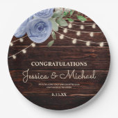 Rustic Wood String Lights Blue Floral Wedding Papieren Bordje (Voorkant)