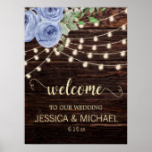 Rustic Wood String Lights Blue Floral Wedding Poster (Voorkant)