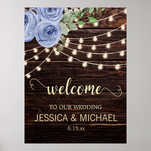 Rustic Wood String Lights Blue Floral Wedding Poster (Voorkant)