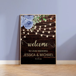 Rustic Wood String Lights Blue Floral Wedding Poster
