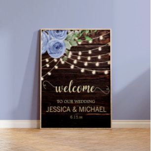 Rustic Wood String Lights Blue Floral Wedding Poster
