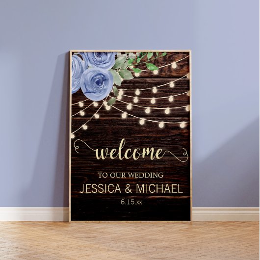 Rustic Wood String Lights Blue Floral Wedding Poster