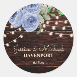 Rustic Wood String Lights Blue Floral Wedding Ronde Sticker