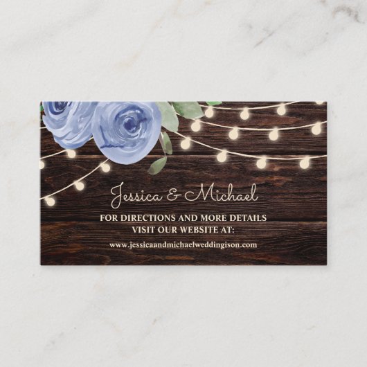 Rustic Wood String Lights Blue Floral Wedding Visitekaartje (Voorkant)