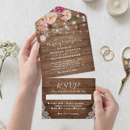 Rustic Wood String Lights Blush Floral Wedding All In One Uitnodiging