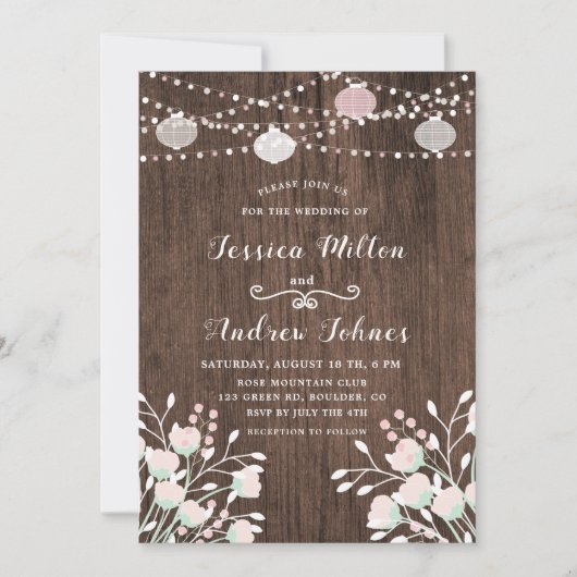 Rustic Wood String Lights Blush Floral Wedding Kaart (Voorkant)