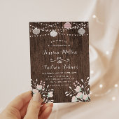 Rustic Wood String Lights Blush Floral Wedding Kaart