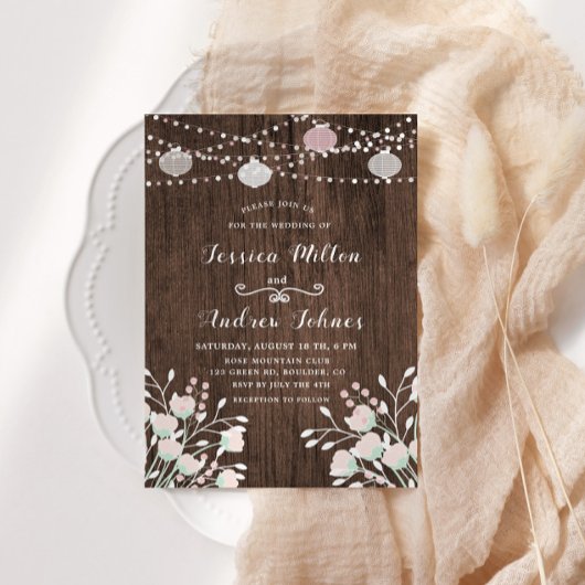 Rustic Wood String Lights Blush Floral Wedding Kaart