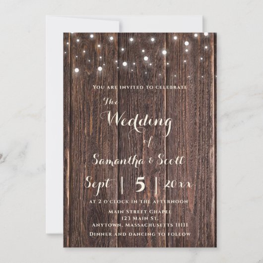Rustic Wood String Lights Boho Wedding Invitations Kaart (Voorkant)