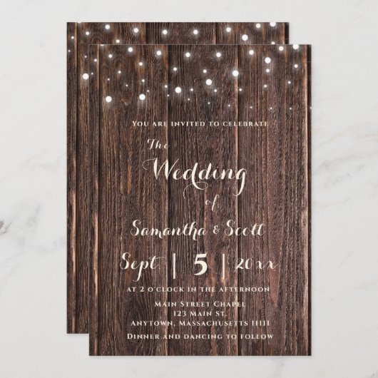 Rustic Wood String Lights Boho Wedding Invitations Kaart (Voorkant / Achterkant)