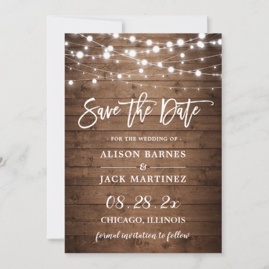 Rustic Wood String Lights Brush Weddenschap Save The Date (Voorkant)