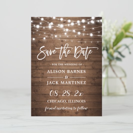 Rustic Wood String Lights Brush Weddenschap Save The Date (Staand voorkant)