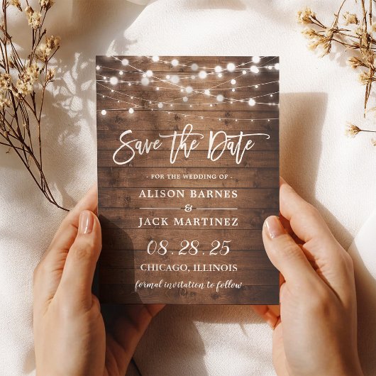 Rustic Wood String Lights Brush Weddenschap Save The Date