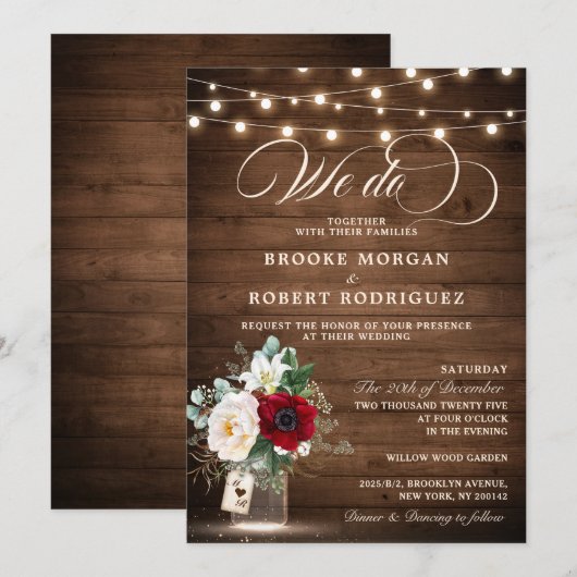 Rustic Wood String Lights Burgundy Floral Wedding Kaart (Voorkant / Achterkant)