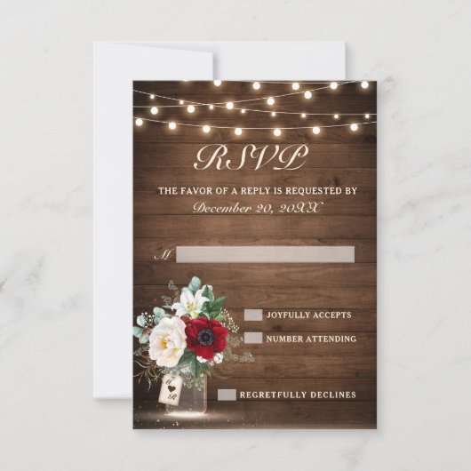 Rustic Wood String Lights Burgundy Floral Wedding RSVP Kaartje (Voorkant)