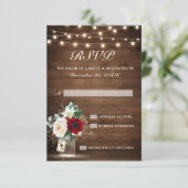 Rustic Wood String Lights Burgundy Floral Wedding RSVP Kaartje (Staand voorkant)