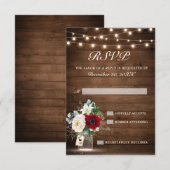 Rustic Wood String Lights Burgundy Floral Wedding RSVP Kaartje (Voorkant / Achterkant)