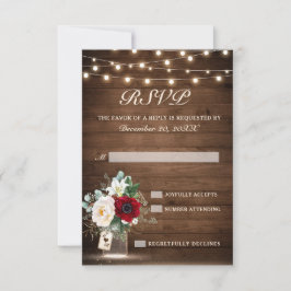 Rustic Wood String Lights Burgundy Floral Wedding RSVP Kaartje