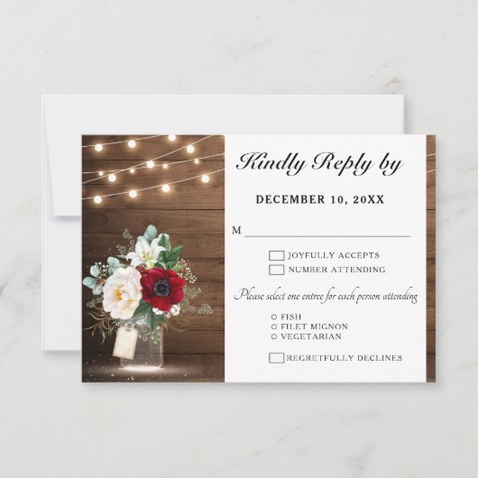 Rustic Wood String Lights Burgundy Floral Wedding RSVP Kaartje (Voorkant)