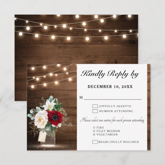 Rustic Wood String Lights Burgundy Floral Wedding RSVP Kaartje (Voorkant / Achterkant)