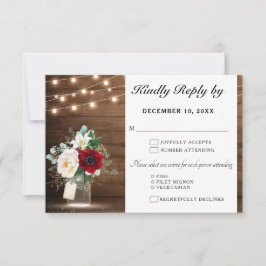 Rustic Wood String Lights Burgundy Floral Wedding RSVP Kaartje