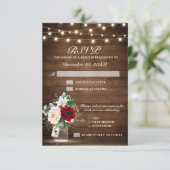 Rustic Wood String Lights Burgundy Floral Wedding RSVP Kaartje (Staand voorkant)