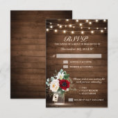 Rustic Wood String Lights Burgundy Floral Wedding RSVP Kaartje (Voorkant / Achterkant)
