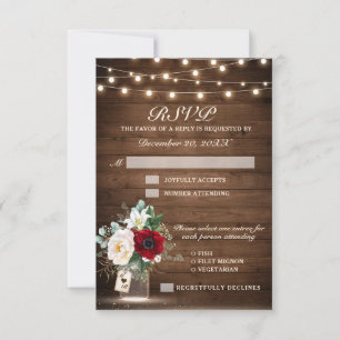 Rustic Wood String Lights Burgundy Floral Wedding RSVP Kaartje