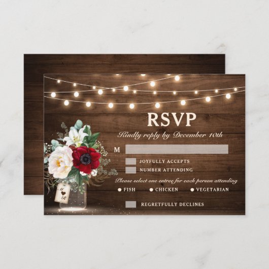 Rustic Wood String Lights Burgundy Floral Wedding RSVP Kaartje (Voorkant / Achterkant)