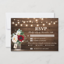 Rustic Wood String Lights Burgundy Floral Wedding RSVP Kaartje