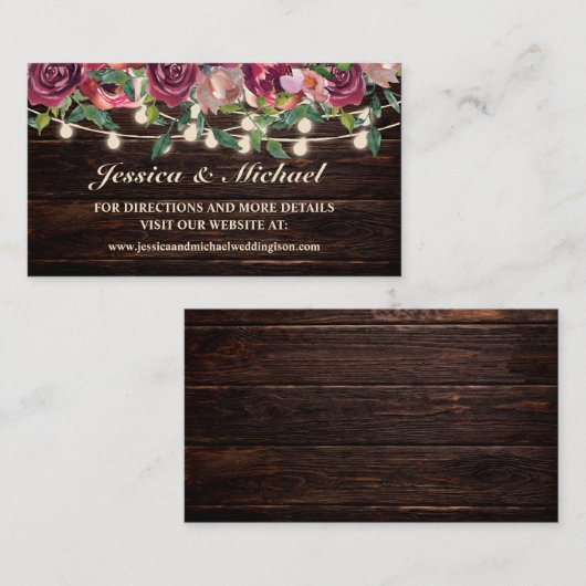 Rustic Wood String Lights Burgundy Wedding Website Visitekaartje (Voorkant / Achterkant)