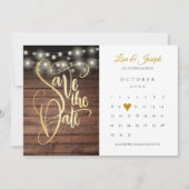 Rustic Wood String Lights Calendar Gold Heart Save The Date (Voorkant)