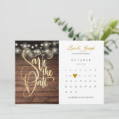 Rustic Wood String Lights Calendar Gold Heart Save The Date (Staand voorkant)