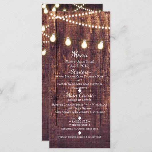 Rustic Wood & String Lights Country Wedding Menu (Voorkant / Achterkant)